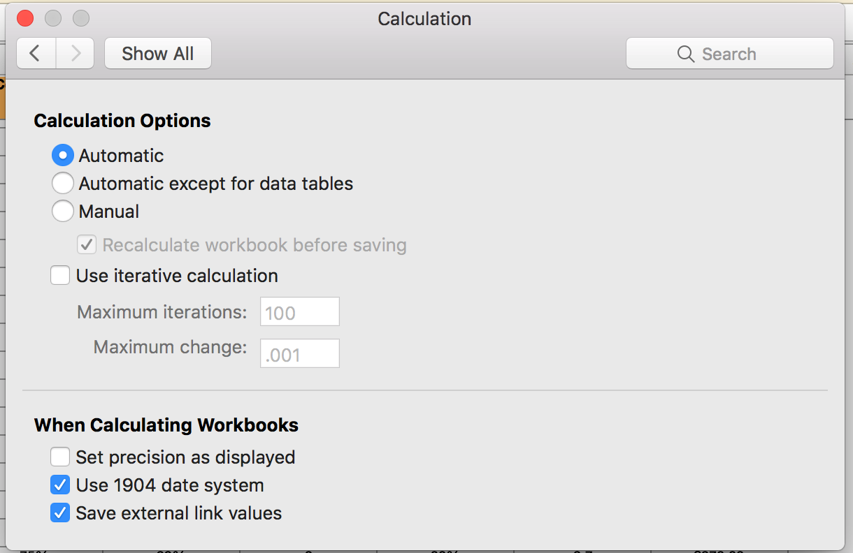 change calculation to manual in excel for mac